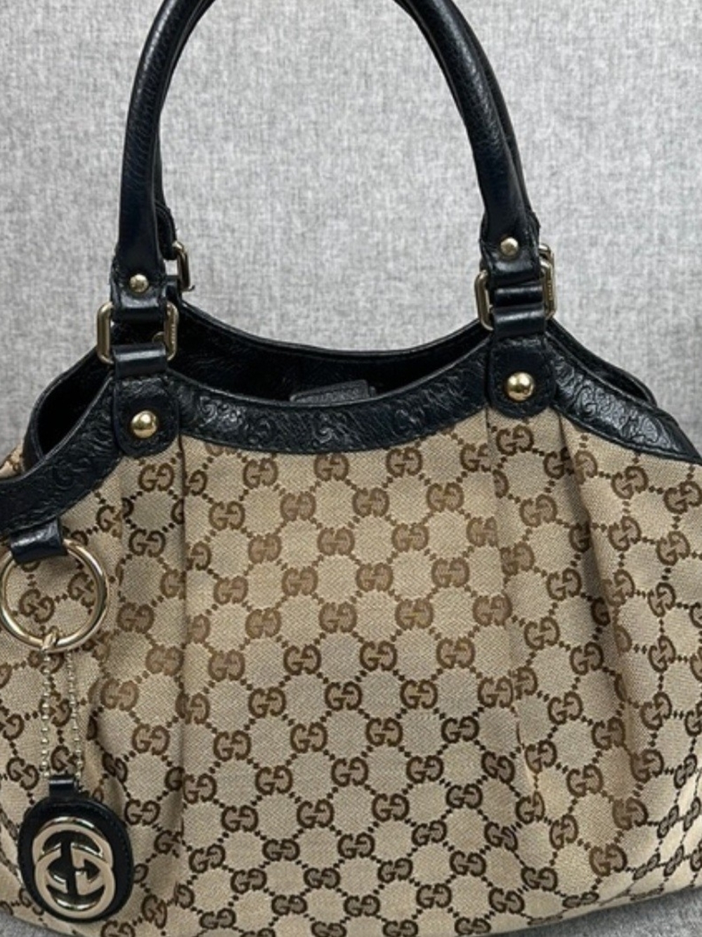 Gucci Beige Brown GG Canvas Top-Handle Shoulder Bag with Black Leather Trim